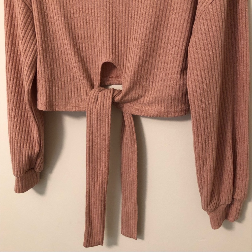 Tie Front Ribbed Light Pink Long Sleeve - Picture 2 of 5
